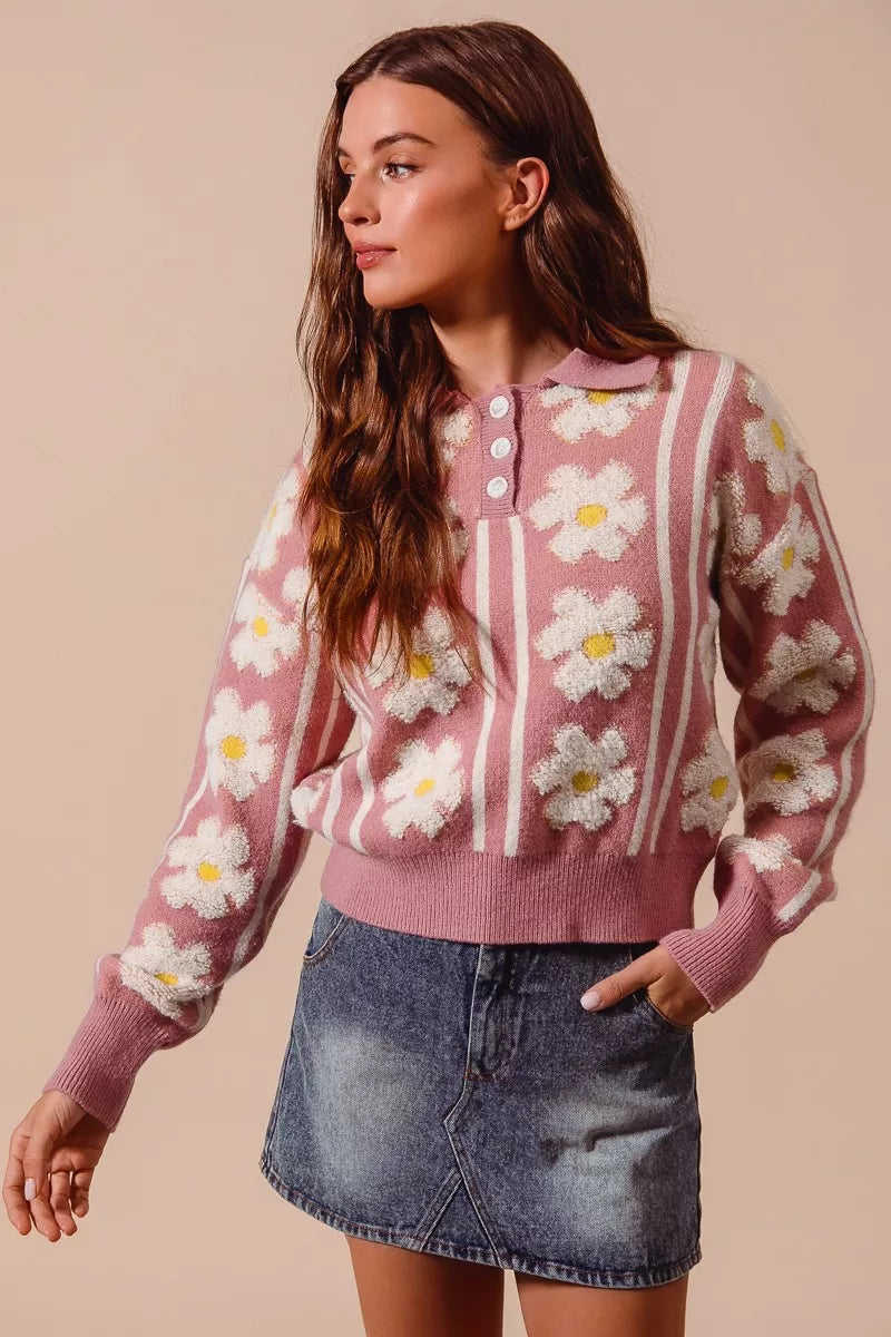 SO ME Women's Sweater Floral Stripe Mauve Ivory Polo Collar Pullover 0a4930bc-8235-4e14-840d-42edd4e510ec-Max-Origin Trendsi
