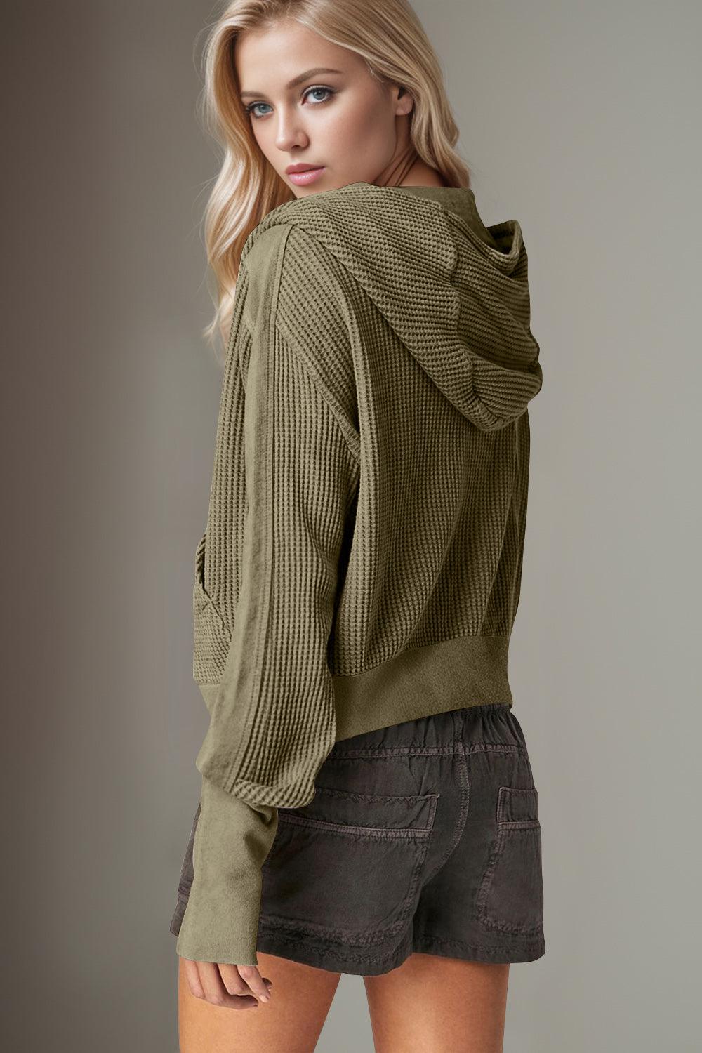 Double Take Hooded Jacket Waffle-Knit Zip Up Long Sleeve 0a499e2f-ea14-4b85-85b8-2a98ff7d0bb7-Max Trendsi