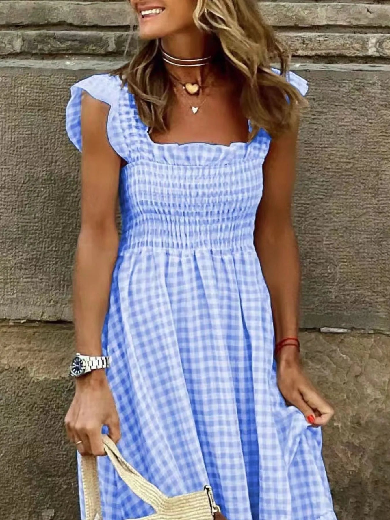 Maxi Dress Plaid Gingham Smocked High Waist with Ruffle Straps Square Neck 0a4a85820caf40149fb86584c7d25193-Max-Origin Trendsi