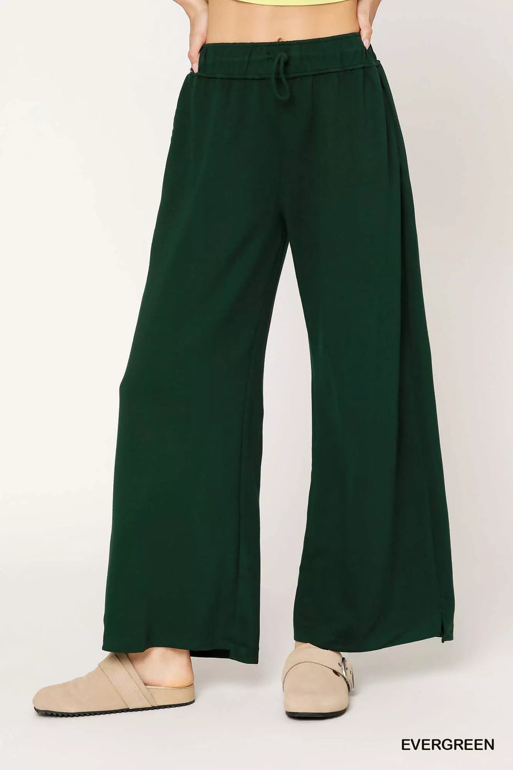 Umgee Womens Elastic Wide Leg Pants Green Drawstring Waistband 0a4b7a7d-657d-41d3-aa11-4afa72ae473f-Max-Origin Trendsi