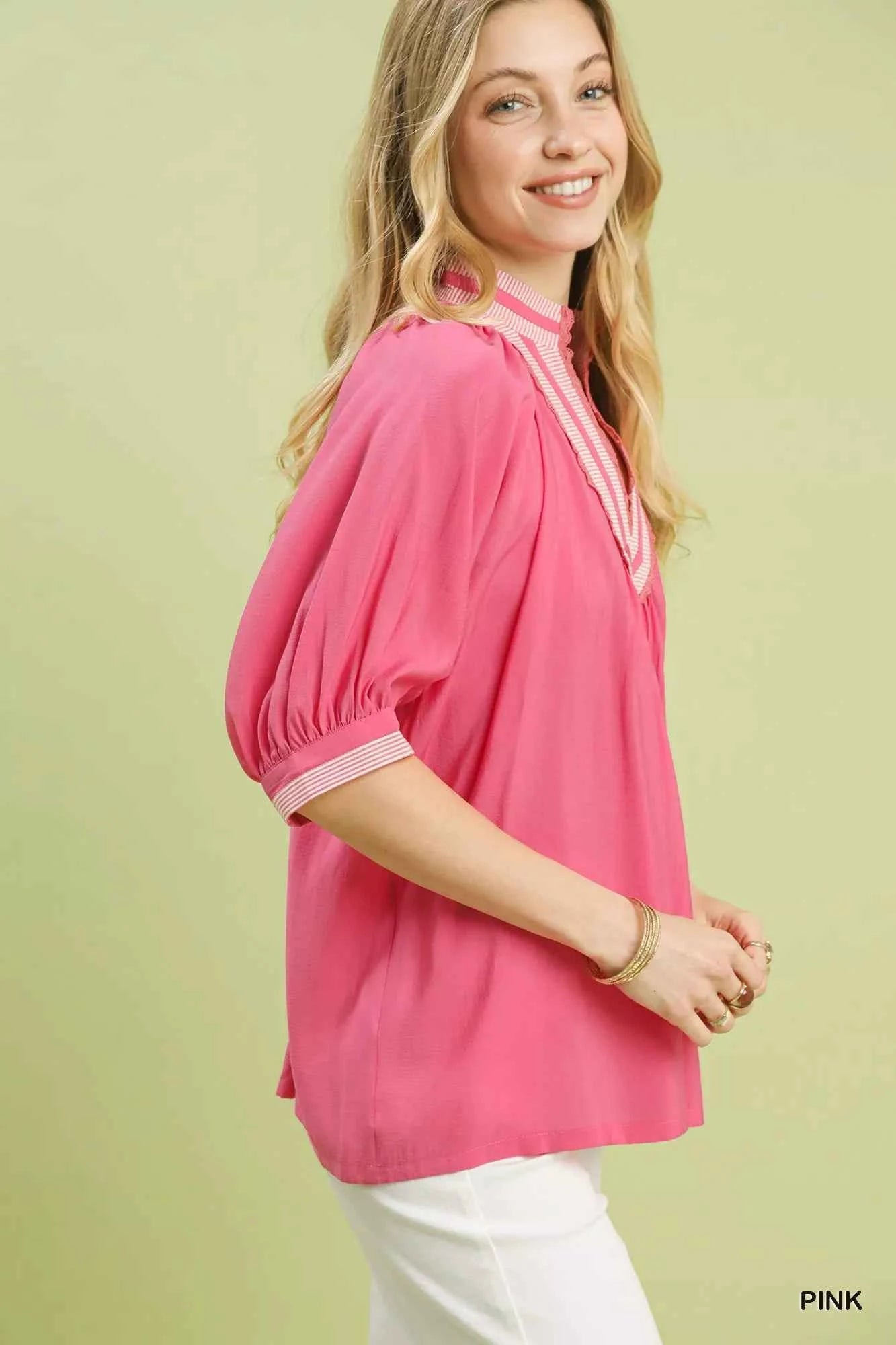 Umgee Pink Blouse Solid Contrast Lace Trim Pleated Short Sleeve Top 0a55bff6-1f28-40c0-aef7-1054fb00ebb1-Max-Origin Trendsi