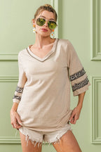 BiBi Cotton T-shirt Triblend Knit with Leopard Short Sleeve Band Detail Top 0a58373832b94672a815f9c8df267ee5-Max-Origin Trendsi