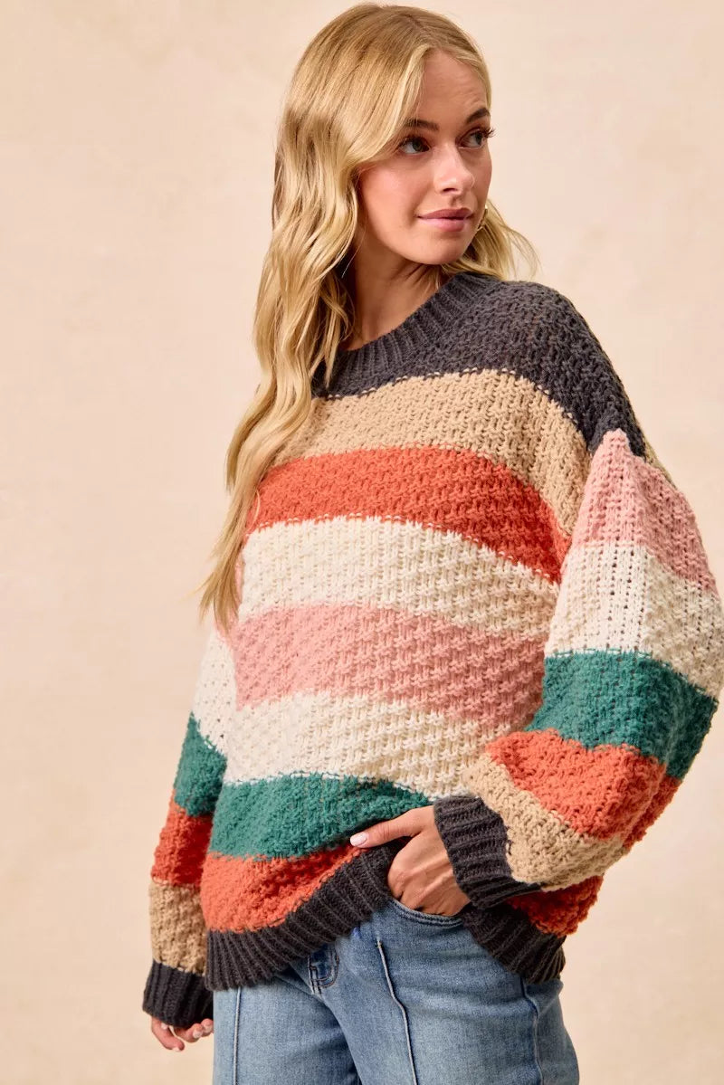 BiBi Womens Sweater Stripes Color Block Chunky Knit Oversized 0a58cc3358da4914a6ac5bb473276e78-Max-Origin Trendsi
