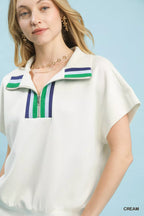 Umgee Blouse Cream Striped Collared Neck Half-Zip Top Short Sleeve 0a5b8600-569b-42cb-83e9-2e5042420fd4-Max-Origin Trendsi