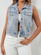 Sleeveless Denim Button-Up Jacket with Pockets