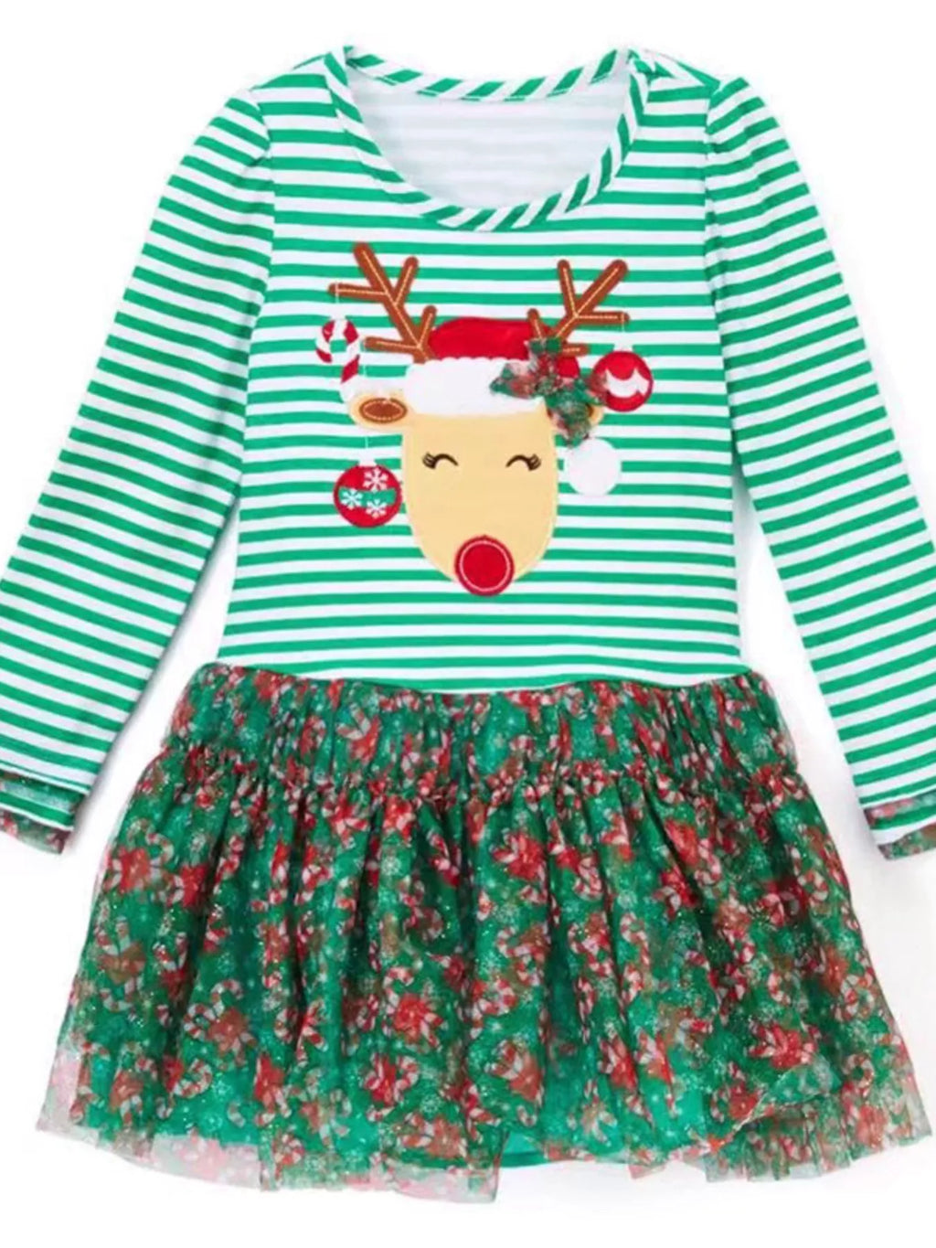 Christmas Grl's Dress Turquoise Reindeer Applique Striped Long Sleeve for Children 0a6d60566cd948b5afcd432aa0d6f5c8-Max-Origin Trendsi