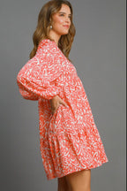 Umgee Mini Dress Coral Mix Two Tone Print Balloon Sleeve Tiered 0a704ad6-085b-44be-97d7-3d660cade357-Max Trendsi