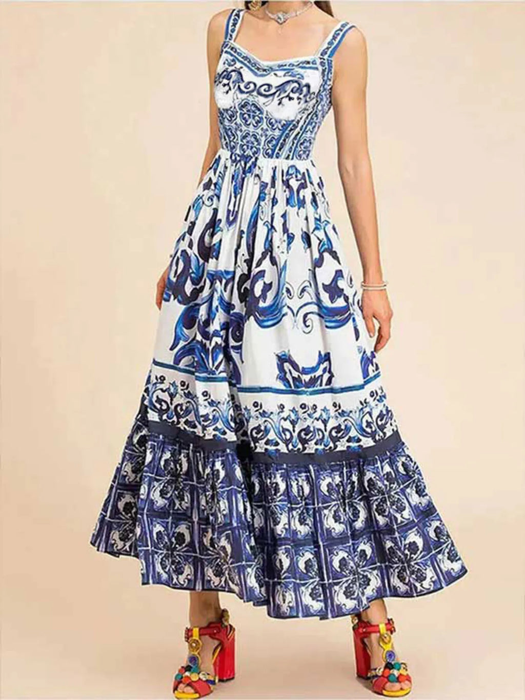 Maxi Cami Dress Printed Sweetheart Neck Ruffled Empire Waist 0a7906a3efa349f08b0ac1f82b826830-Max-Origin Trendsi