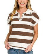 Zenana Striped Short Sleeve Sweater with Collar