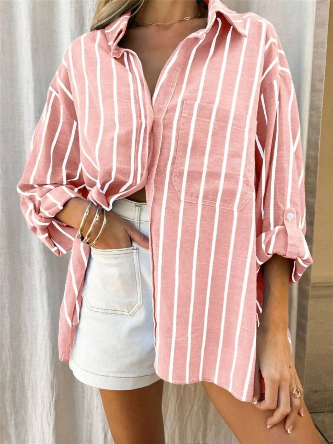 Women's Striped Button-Up Shirt with Chest Pocket Long Sleeve Oversized Top 0a7cc3c1999a4768b66d2be8b2e70390-Max-Origin Trendsi
