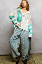 POL Womens Knit Top Aqua Blue Color-Blocked Stripe with Twisted Weave 0a7cd62c-f96e-4a10-876b-4a5b8d2b142b-Max-Origin Trendsi