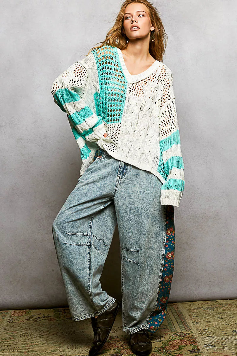 POL Womens Knit Top Aqua Blue Color-Blocked Stripe with Twisted Weave 0a7cd62c-f96e-4a10-876b-4a5b8d2b142b-Max-Origin Trendsi