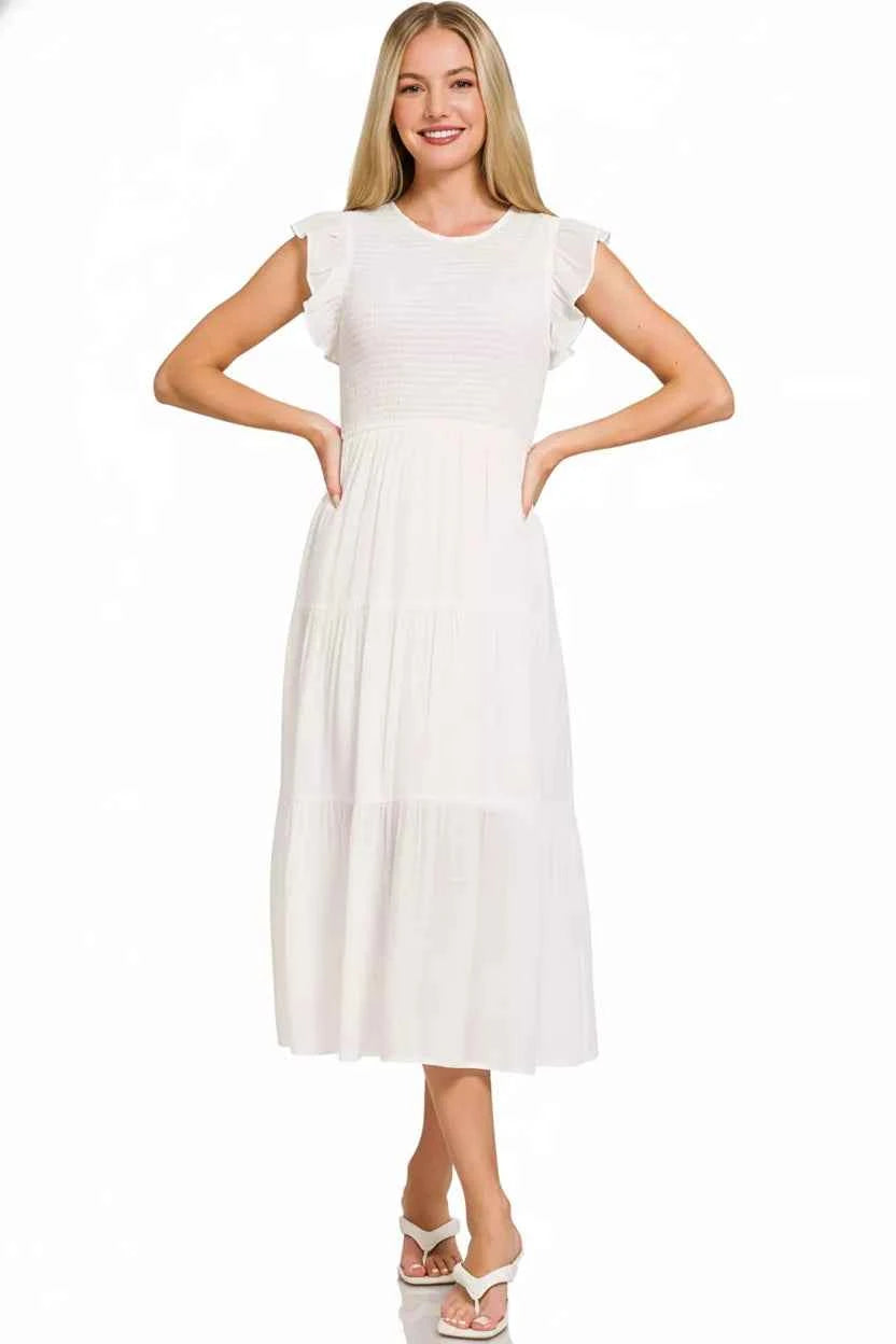 Zenana Midi Dress White Woven Smocked Ruffle Short Sleeve 0a7f38a1-1b2f-4f25-bfa3-100a17d83e53-Max-Origin Trendsi