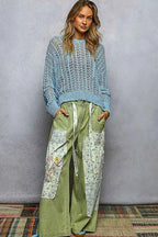 POL Openwork Round Neck High Low Knit Top