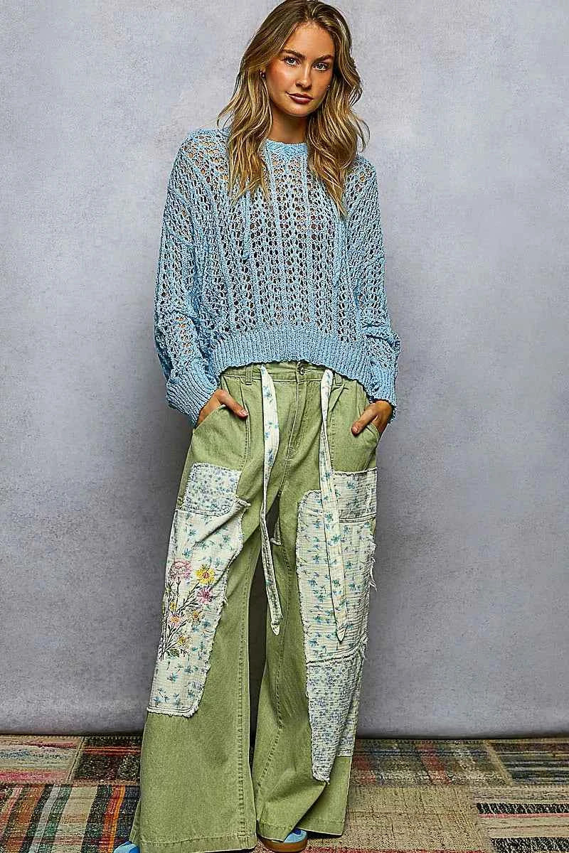 POL Openwork Round Neck High Low Knit Top