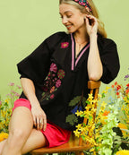 Umgee Embroidered Floral V-Neck Blouse with Puff Sleeve