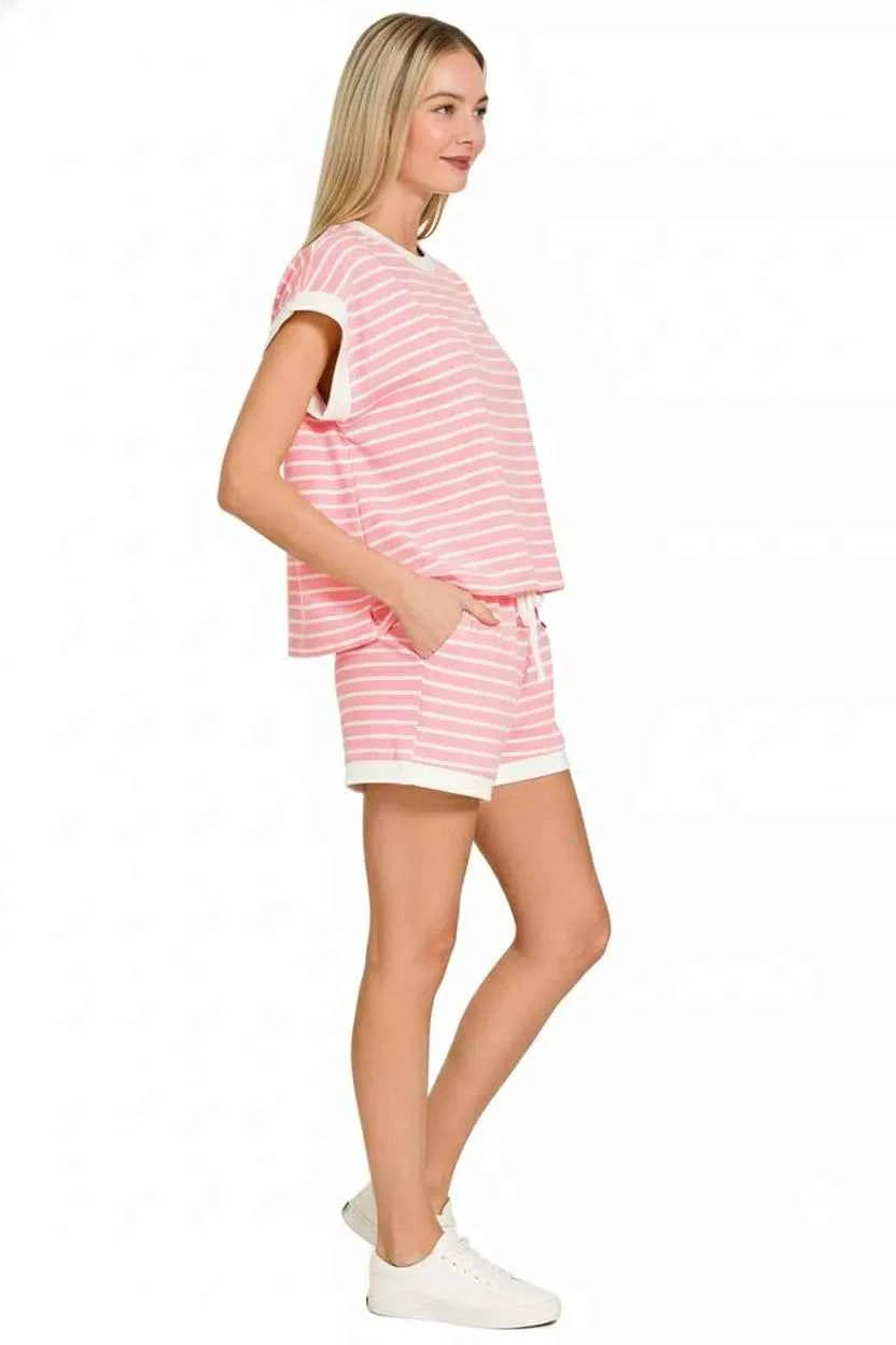 Zenana Outfit Set Pink Stripe Contrast Trim Short Sleeve Top & Shorts 0a946e02-277e-424d-8a3b-9fbc45cede18-Max-Origin Trendsi