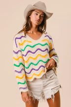 BiBi Womens Sweater Mardi Gras Wavy Stripes V-Neck Open Knit Pullover 0a9a460e8ab247fb8b758a79d8228edc-Max-Origin Trendsi