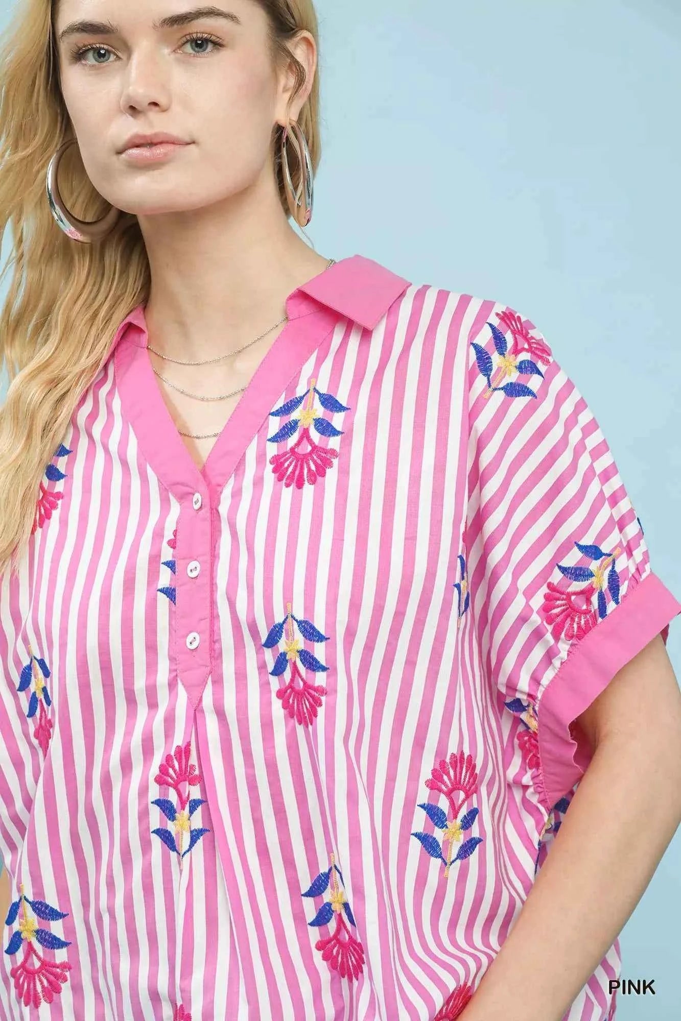 Umgee Stripe Embroidered Button-Front Boho Blouse