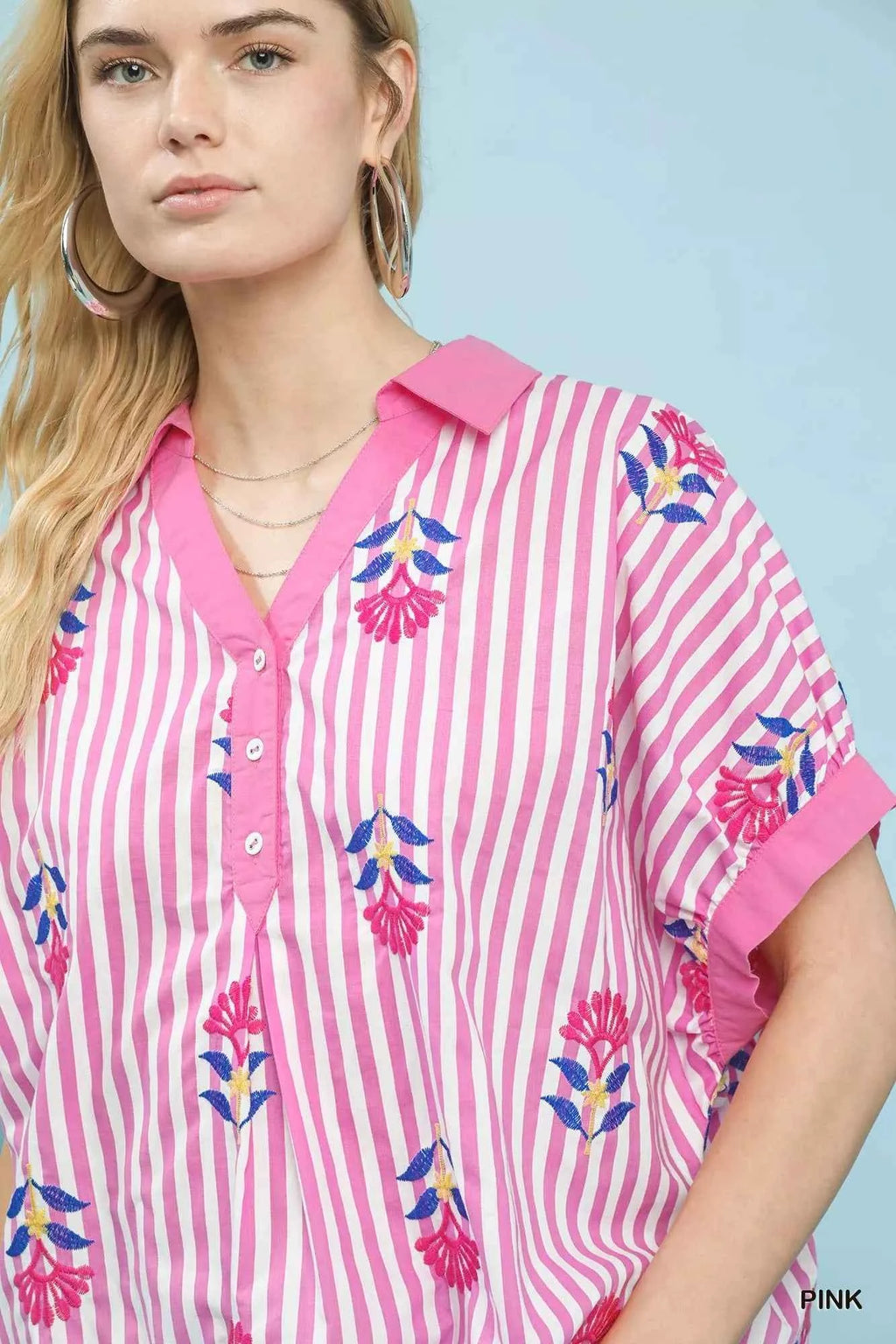 Umgee Stripe Embroidered Button-Front Boho Blouse