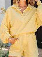 Women's Outfit Set Button Collar Drop Shoulder Top and Shorts 2pcs Set Yellow 0aa1eb42-cc2a-4b6f-9305-b885fd7700bb-Max-Origin Trendsi