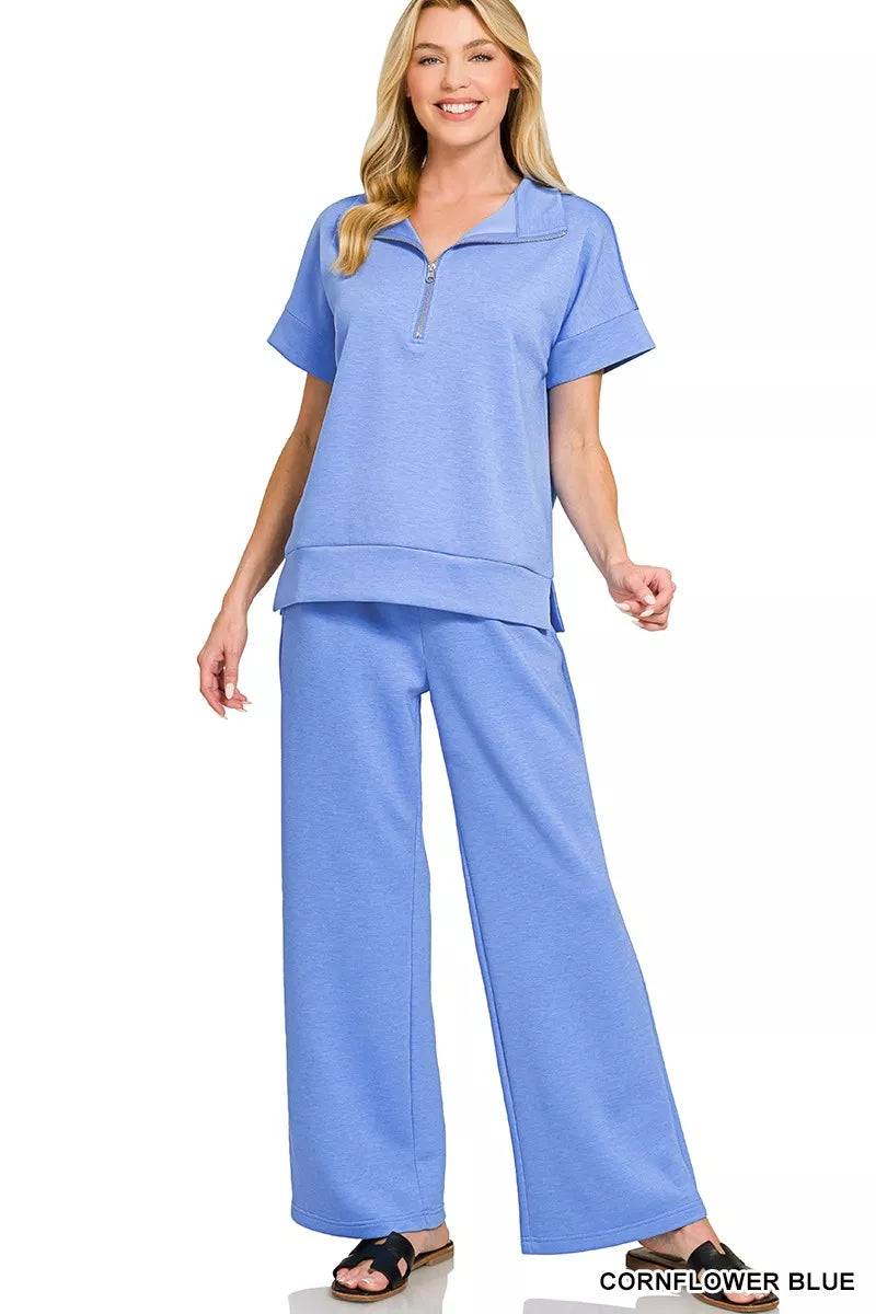 Zenana Outfit Set Blue Scuba High Neck Half Zip Short Sleeve Top & Pants 0aa4e8dfcfd6402290125359ab5f3ebc-Max-Origin Trendsi