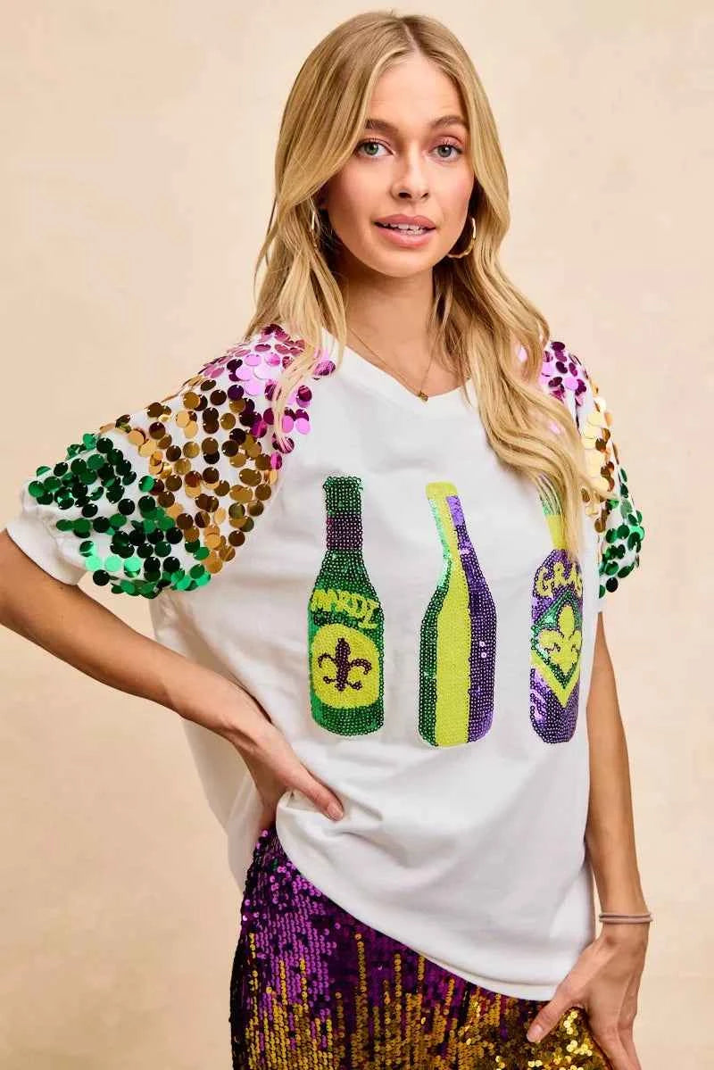 BiBi Sequin Mardi Gras Bottles Spangled Sleeve Top