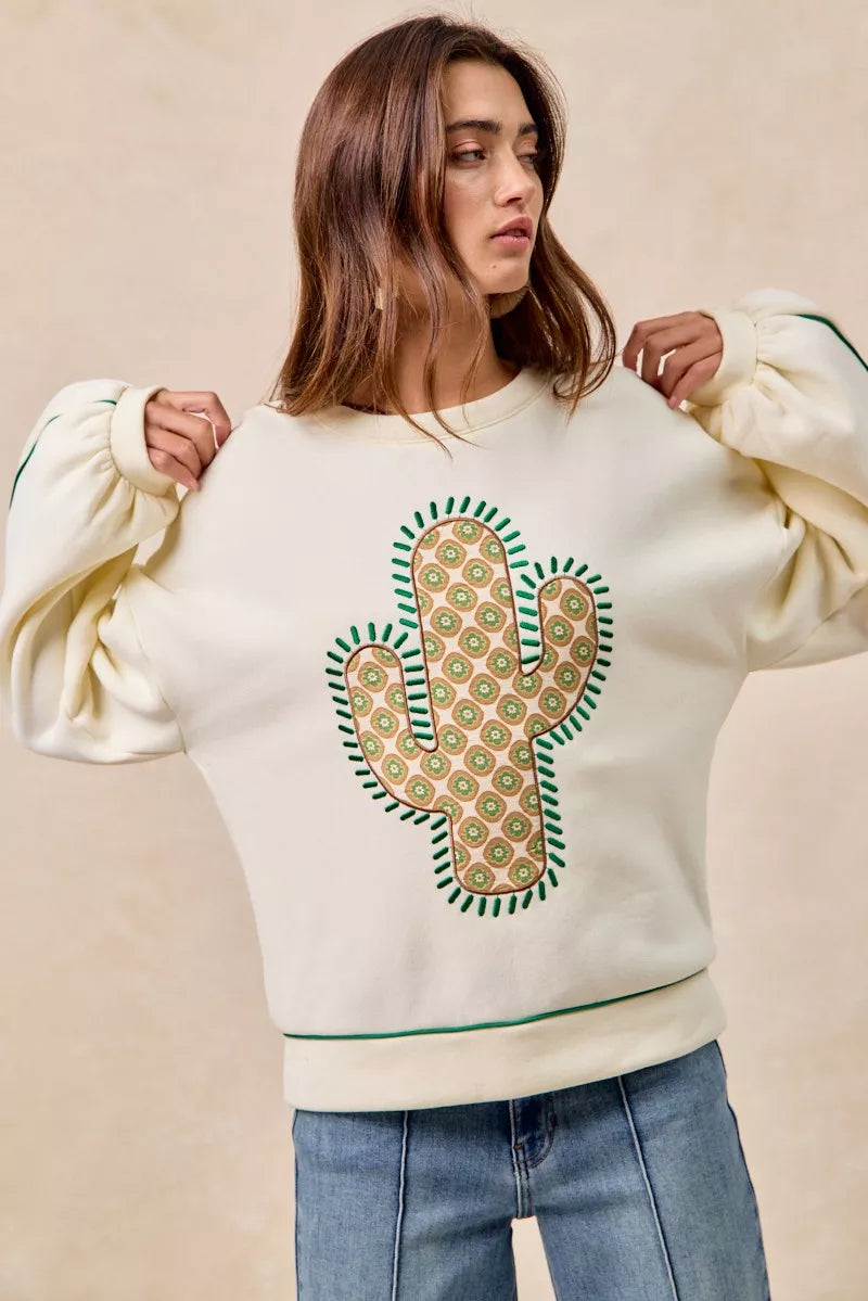 BiBi Womens Sweatshirt Cactus Embroidered Cream Fleece Pullover 0aa79f5ae0074ebba8580a0fec3eae8e-Max-Origin Trendsi