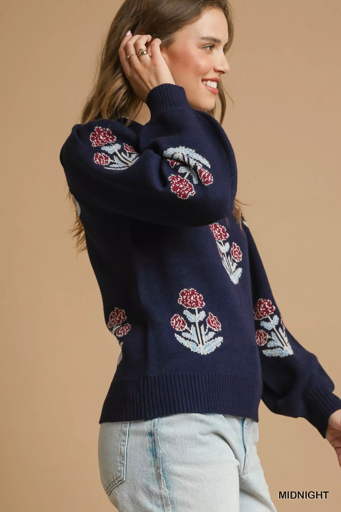 Umgee Womens Floral Knit Sweater Midnight Blue with Puff Sleeves 0aa91471-d5dd-42fb-a65a-5df2d45c4cfd-Max-Origin Trendsi