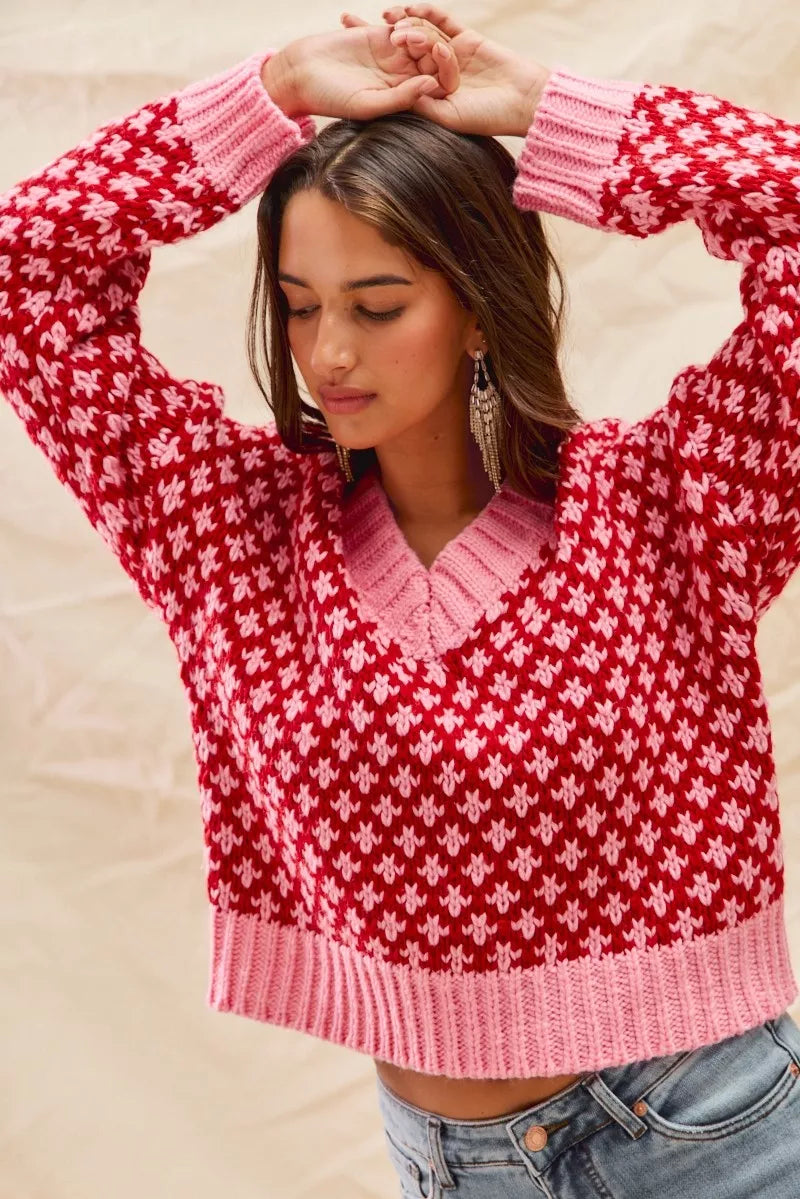 SO ME Christmas Women's Sweater Red Pink Color Block Textured V Neck Top 0ab576d3522f4bb29a0df4a7367fea5a-Max-Origin Trendsi