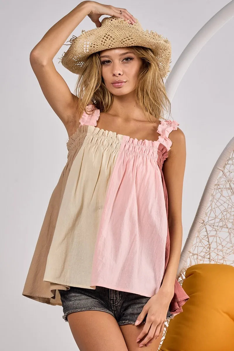 BiBi Babydoll Top Ruffle Frill Shoulder Strap Pink Color Block Bodice
