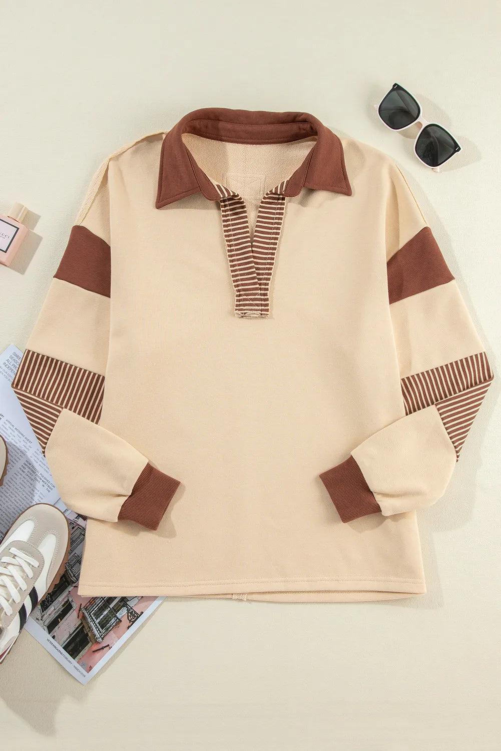 Collared Sweatshirt Striped V Neck Long Sleeve Top Tan 0ab7eb1a-3e52-4c42-8511-74bf2a485bdf-Max Trendsi