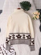 Women's Sweater Flower Hem Zip Collar Long Sleeve Stylish Pullover 0ac00bda67ec4ca3a8e6830c3db34b66-Max-Origin Trendsi