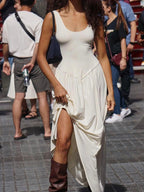 Wide Strap Flowing Maxi Dress with Ruched Detailing
