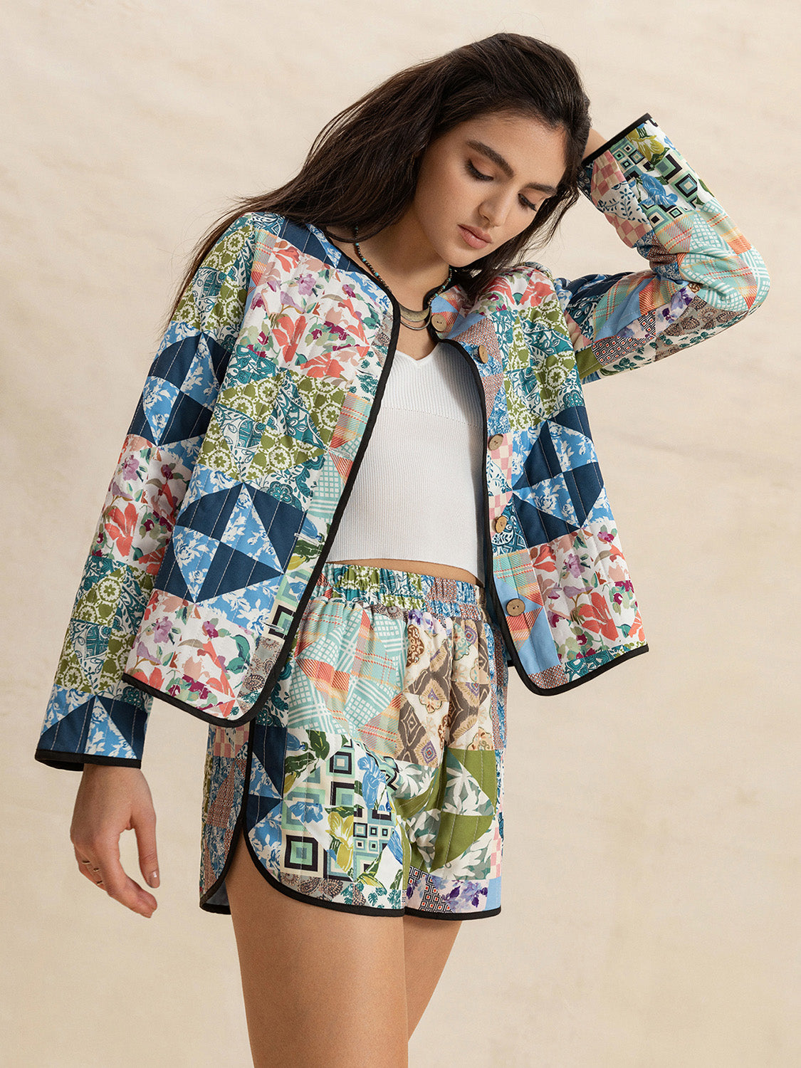 Outfit Set Floral Quilted Jacket Long Sleeve Outerwear and Shorts 2 Pcs Multicolor