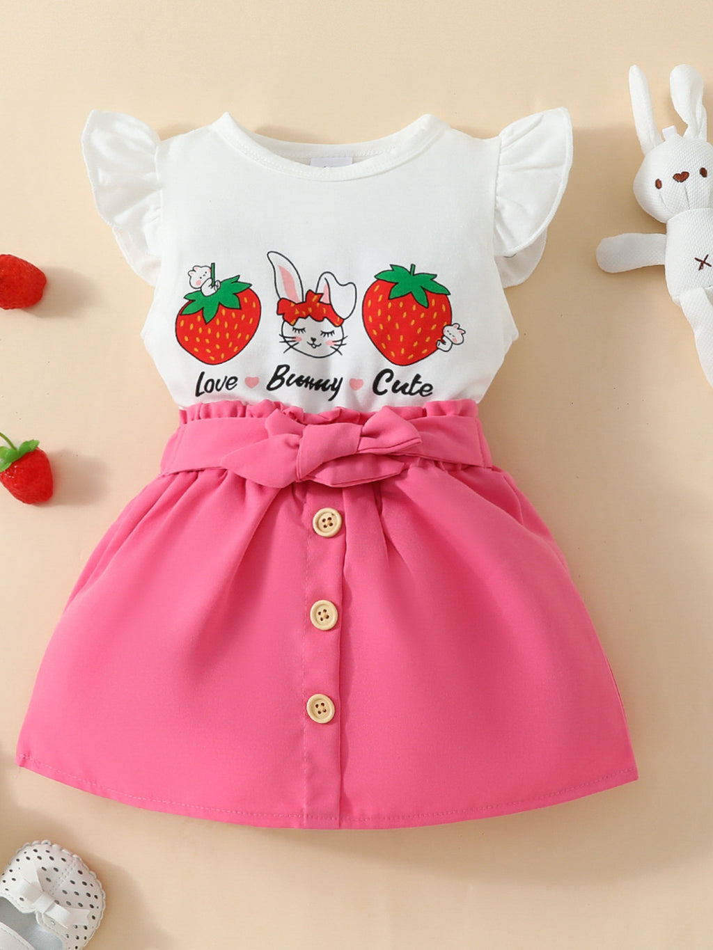 Children's Strawberry Bunny Graphic Ruffle Sleeve Top and Skirt Set