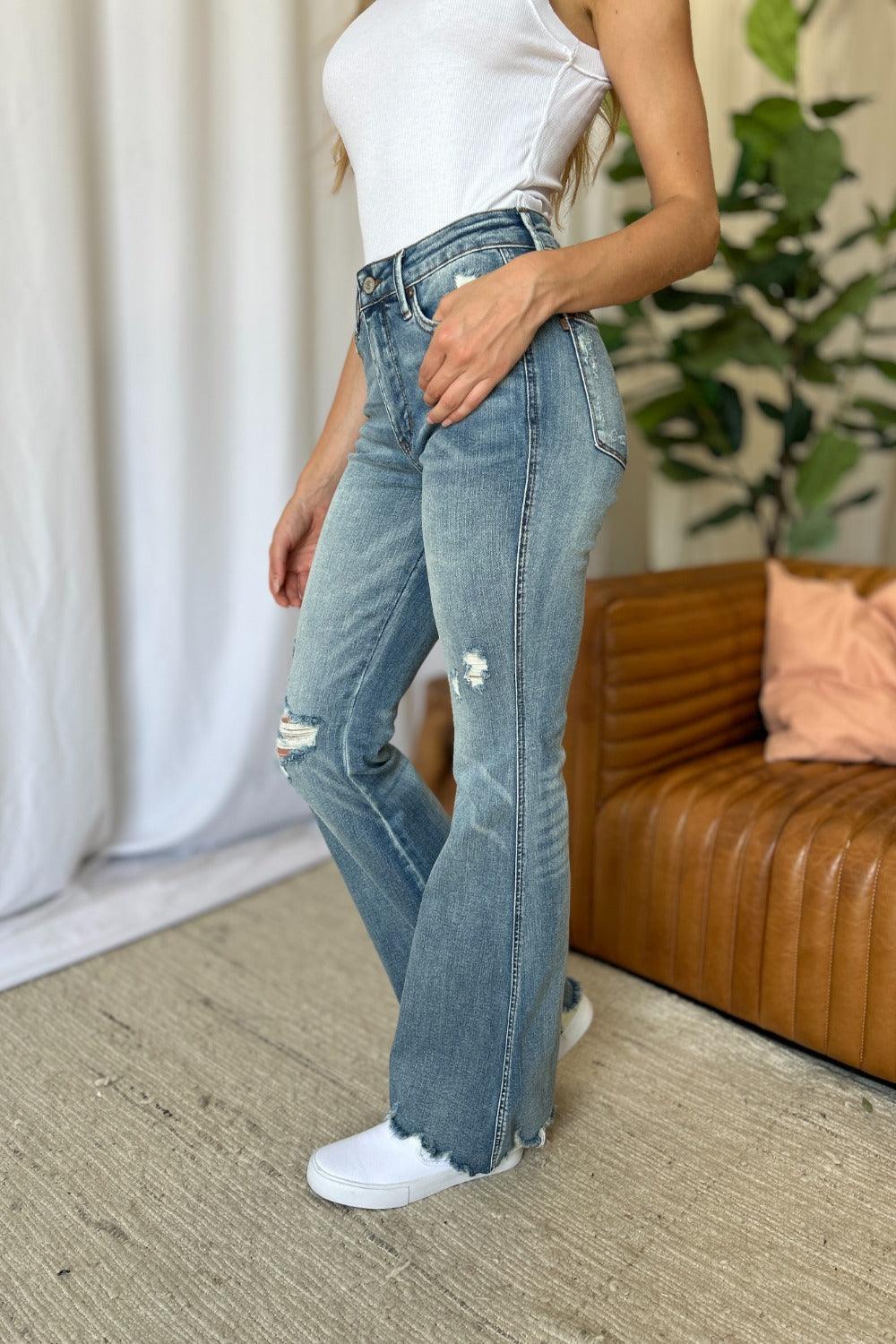 Judy Blue US Flare Jeans Medium Rise Tummy Control Destroy Denim Pants 0ad35a7b-04dd-434f-b2e8-13e1de3f9bc2-Max Trendsi