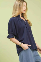 Umgee Linen Blouse Navy Blue Scalloped Ruffle Neck Top 0ad8807f-14ac-4581-8496-fe0909939a61-Max-Origin Trendsi