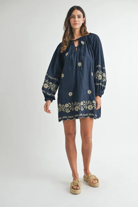 MABLE Mini Dress Navy Floral Embroidered Long Sleeve Peasant Tied 0ae55013b3f44a34b82c93ef2ac8d1bf-Max-Origin Trendsi