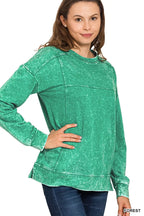 Zenana Womens Pullover Forest Green Acid Wash French Terry Exposed-Seam Top 0aeb188db16749b09f86df3f747a5f53-Max-Origin Trendsi