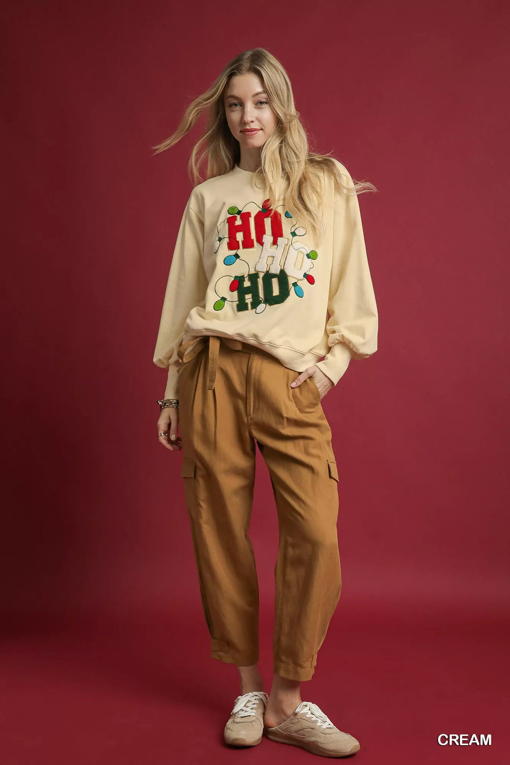 Umgee Christmas Sweatshirt HO HO Applique French Terry Cream Top 0aed63f9-bfe4-4eec-b17f-fcc613584f98-Max-Origin Trendsi