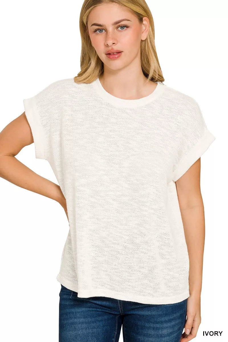 Zenana Women T-shirt Ivory Hacci Slub Rolled Up Short Sleeve Top Tee 0b0454beb5fa4608991ebfeb5129f784-Max-Origin Trendsi