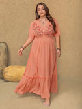 Plus Size Frilled Embroidered V-Neck Half Sleeve Maxi Dress