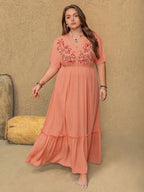 Plus Size Frilled Embroidered V-Neck Half Sleeve Maxi Dress