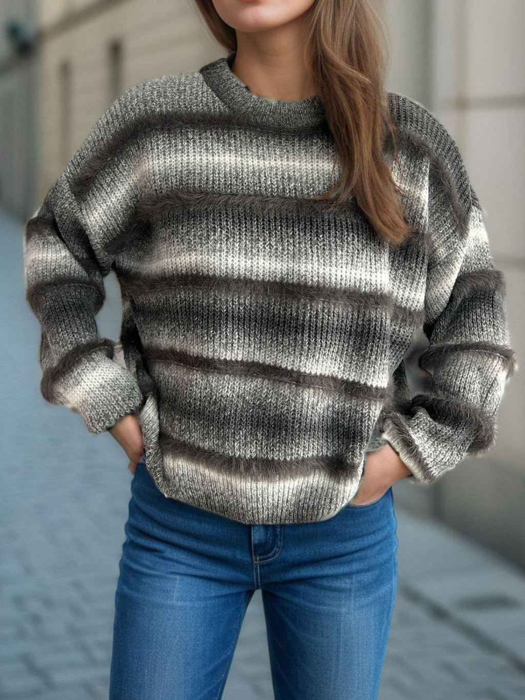 Gradient Striped Sweater Round Neck Dropped Shoulder Pullover