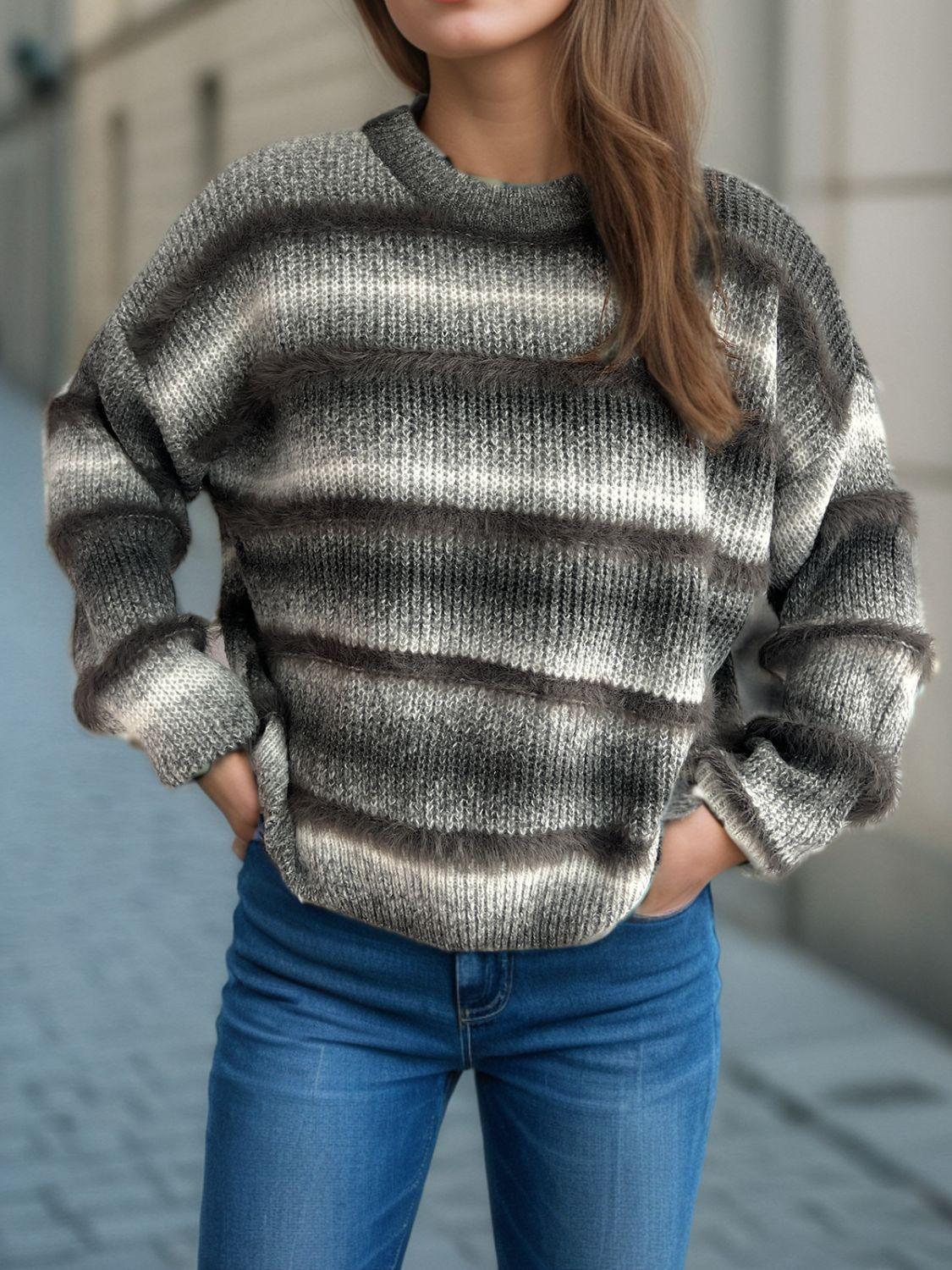 Gradient Striped Sweater Round Neck Dropped Shoulder Pullover