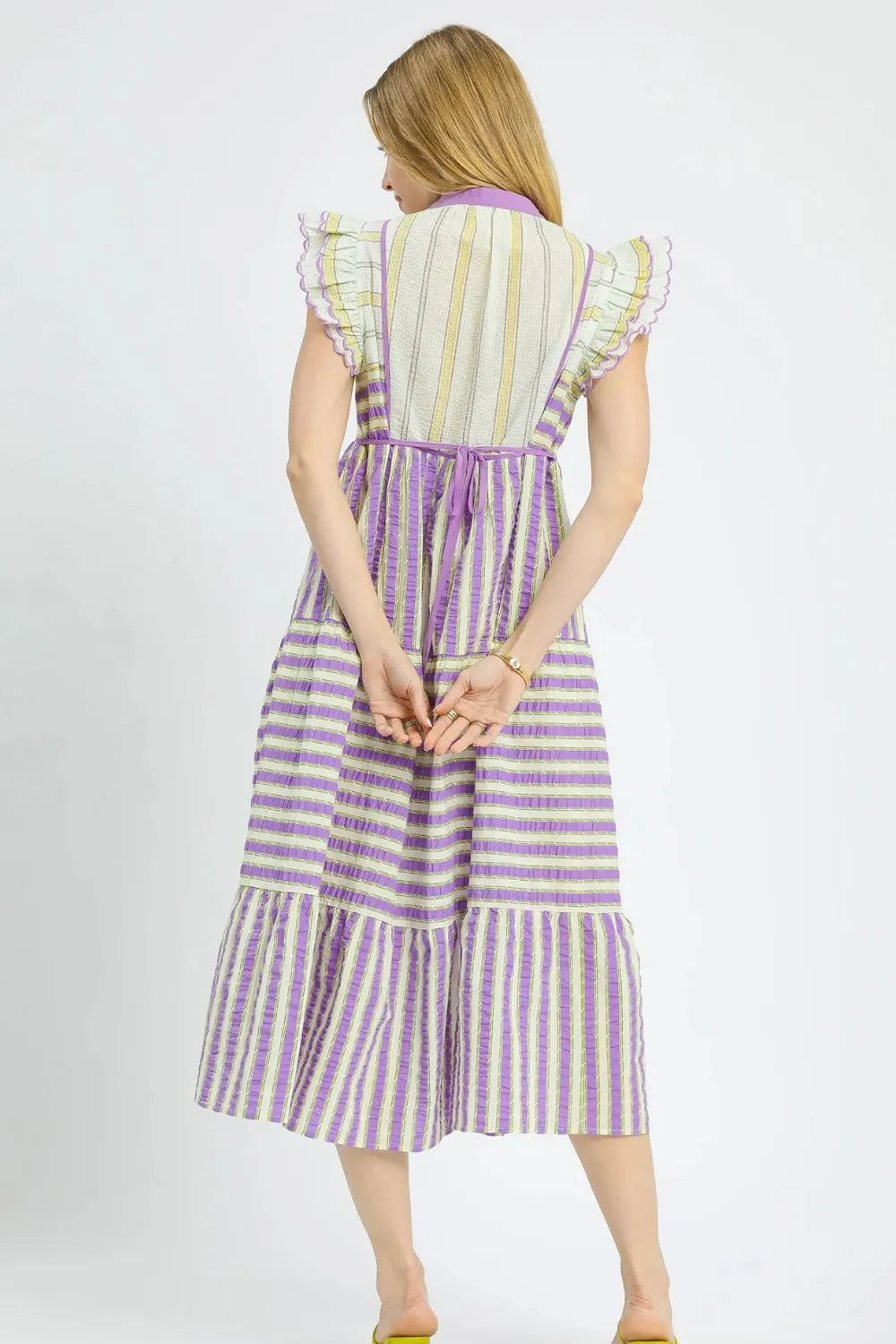 Umgee Midi Dress Cotton Purple Striped Ruffle Cap Short Sleeve Tiered 0b14f6c2-f882-4699-bceb-d826a0a0584d-Max-Origin Trendsi
