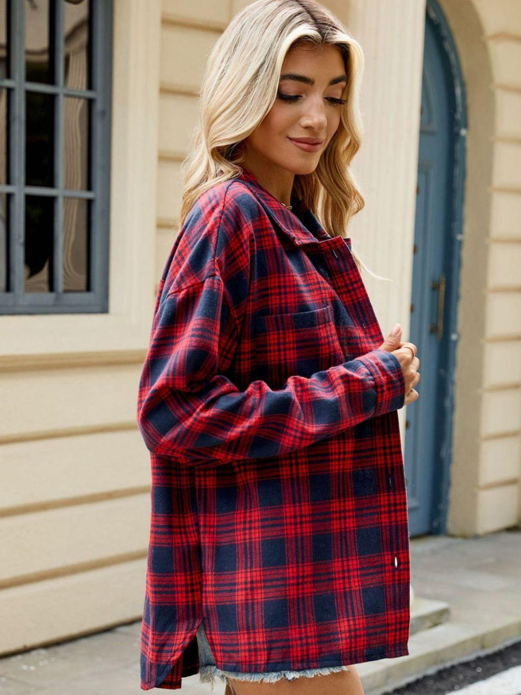 Plaid Shirt Collared Neck Long Sleeve Patch Pockets 0b1a6a27-bd90-4d29-95a1-a1813d4075cd-Max Trendsi