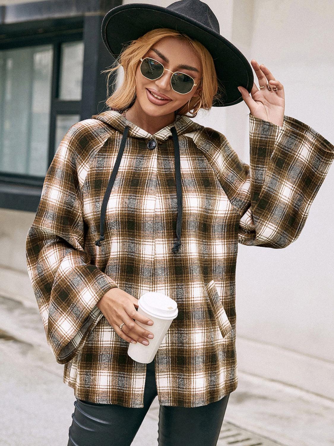 Pocketed Jacket Plaid Long Sleeve Hooded Coat 0b2563f1-b8a0-466d-b827-d90f3ebda107-Max Trendsi