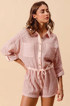SO ME Romper Textured Knit Dusty Pink Button Front Drawstring Waist 0b31e916-36fb-4b3e-aa97-411b4547ab1d-Max-Origin Trendsi